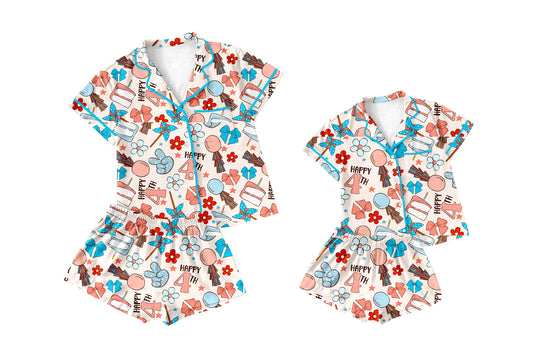 ( Moq 5 Each Style ) Baby Girl Adult Women 4th of July Bows Shirts Shorts Sibling Mommy And Me Family Pajamas Sets