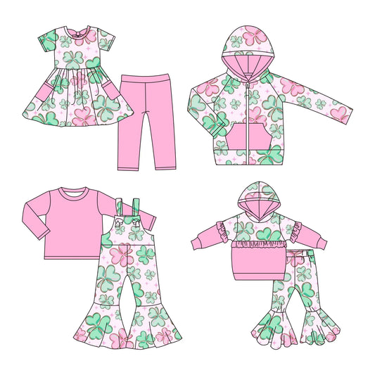 ( Moq 5 Each Style ) Baby Girls Clovers St. Patrick's Day Sibling Pink Hoodie Shirt Sets