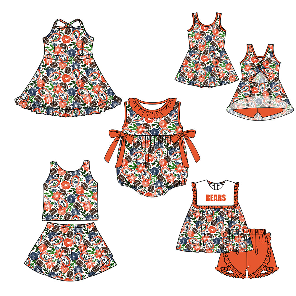 ( Moq 5 Each Style ) Baby Girls Kids Sleeveless Football Flower Orange Bows Sibling Romper Dresses Sets