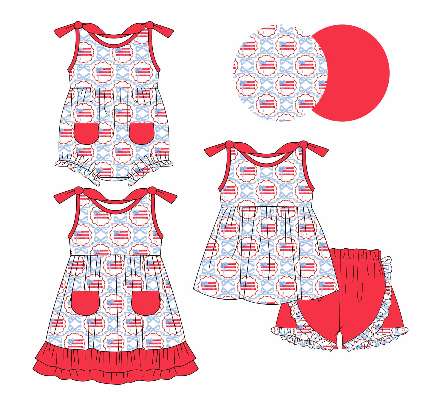 Baby Girl July 4th Flags Bows Sibling Dress Romper Set ( Moq 5 Each Style ) 1.6
