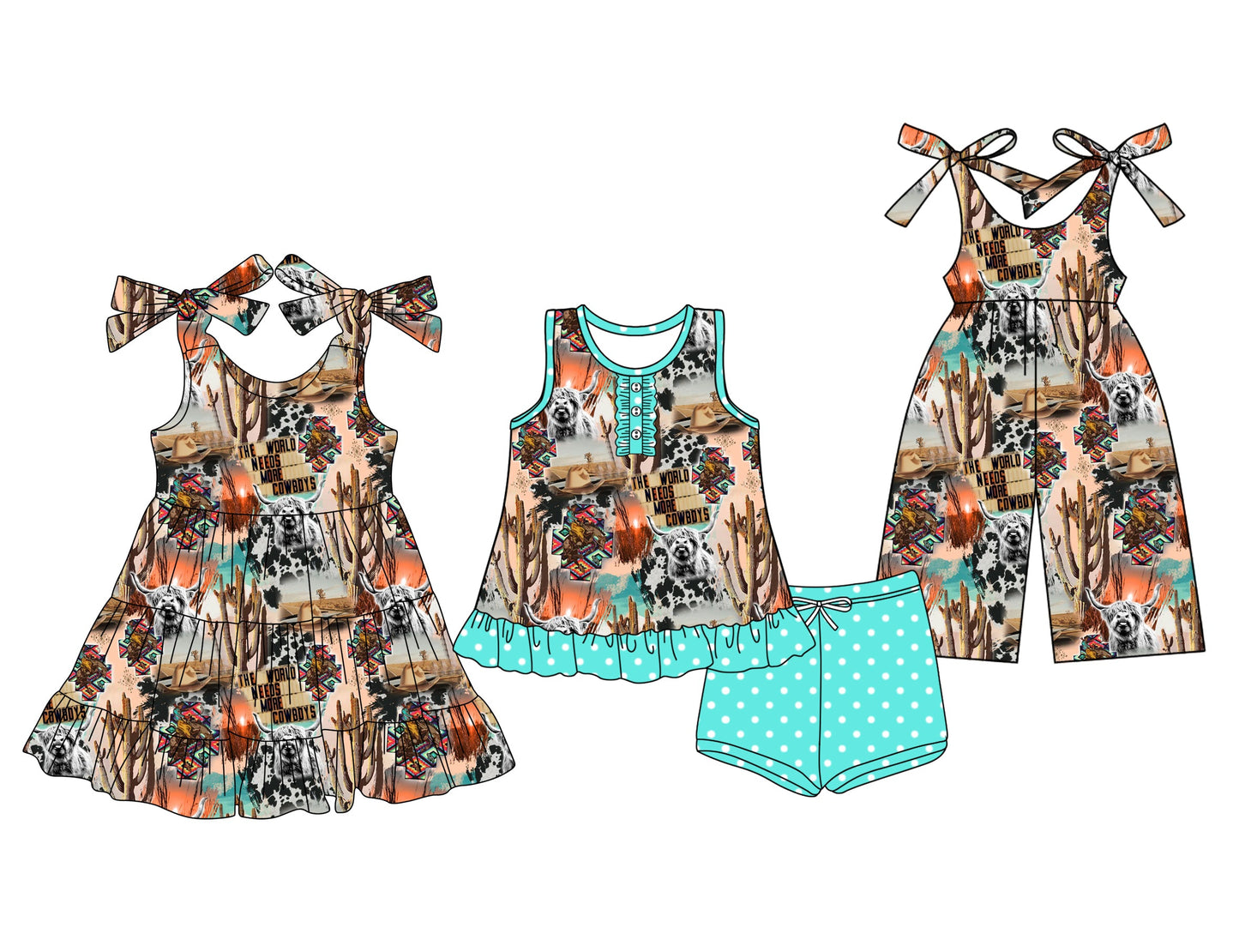 Baby Girl Sleeveless Western Cow Sibling Jumpsuit Dress Set ( Moq 5 Each Style ) 3.18