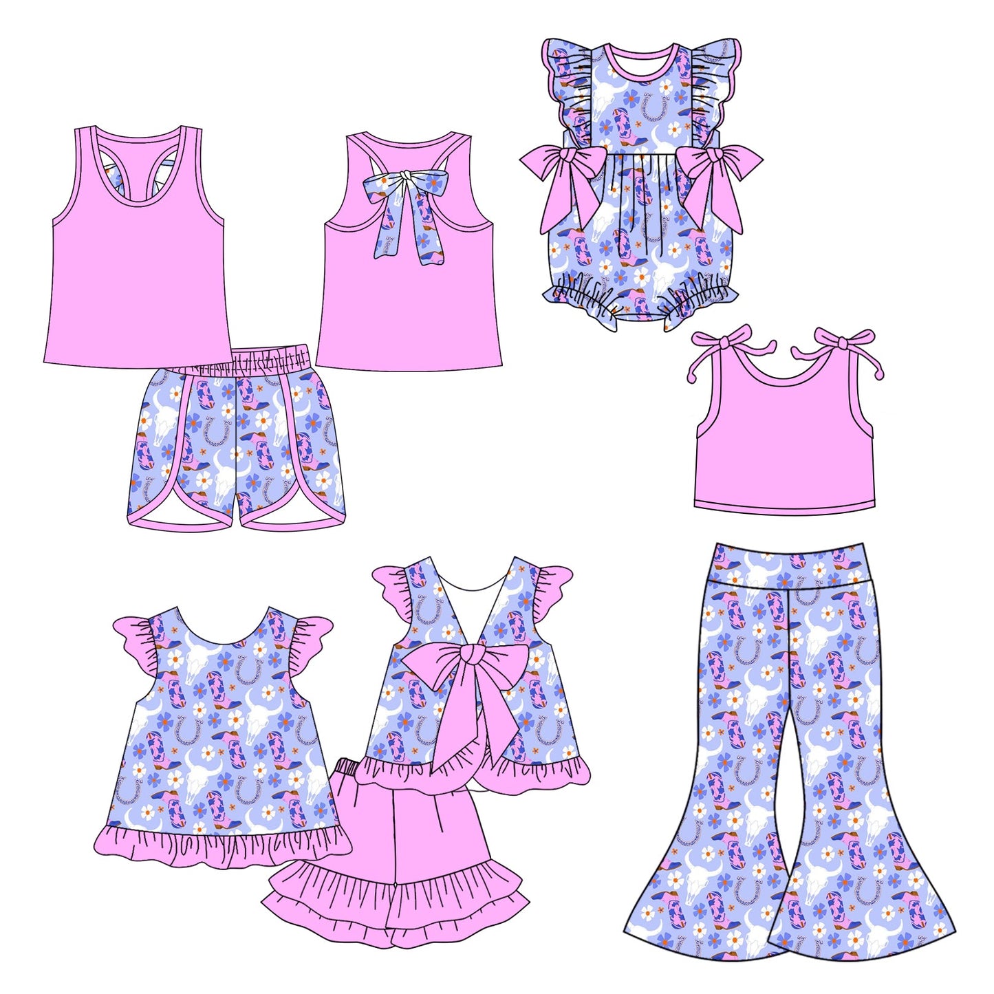 ( Moq 5 Each Style ) Baby Girl Western Cow Boots Flower Sibling Romper Set 4.22