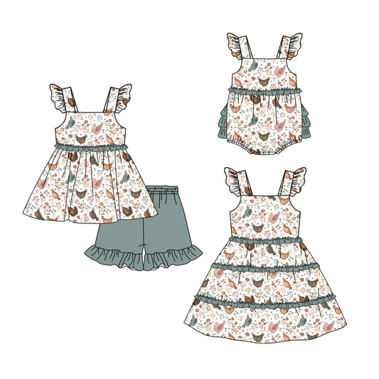 ( Moq 5 Each Style ) Baby Girls Kids Chicken Flower Sibling Romper Dress Set