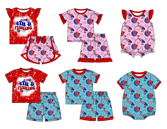 Baby Boy Girl Short Sleeves Fishing July 4th Sibling Romper Set ( Moq 5 Each Style ) 12.21