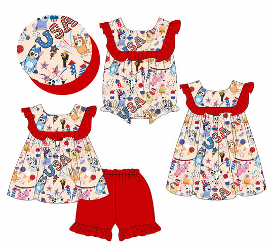 Baby Girl July 4th Dogs Ruffle Sibling Romper Dress Set ( Moq 5 Each Style ) 3.10