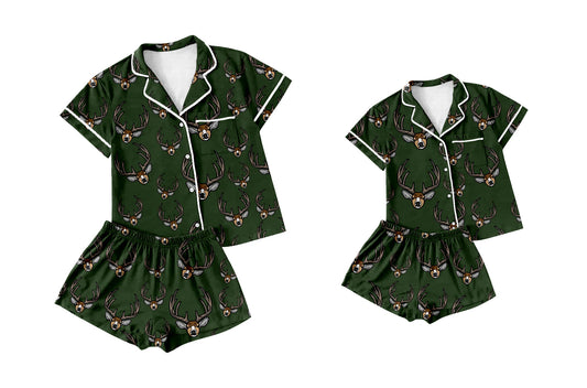 Baby Girl Toddler Adult Women Short Sleeves Deer Green Sibling Family Pajamas Set ( Moq 5 Each Style ) 12.16