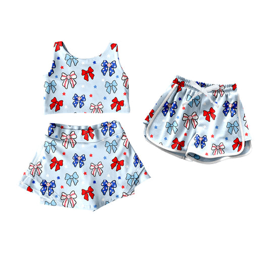 ( Moq 5 Each Style ) Baby Girl Sleeveless 4th Of July Bows Sibling Blue Shorts Set 4.18
