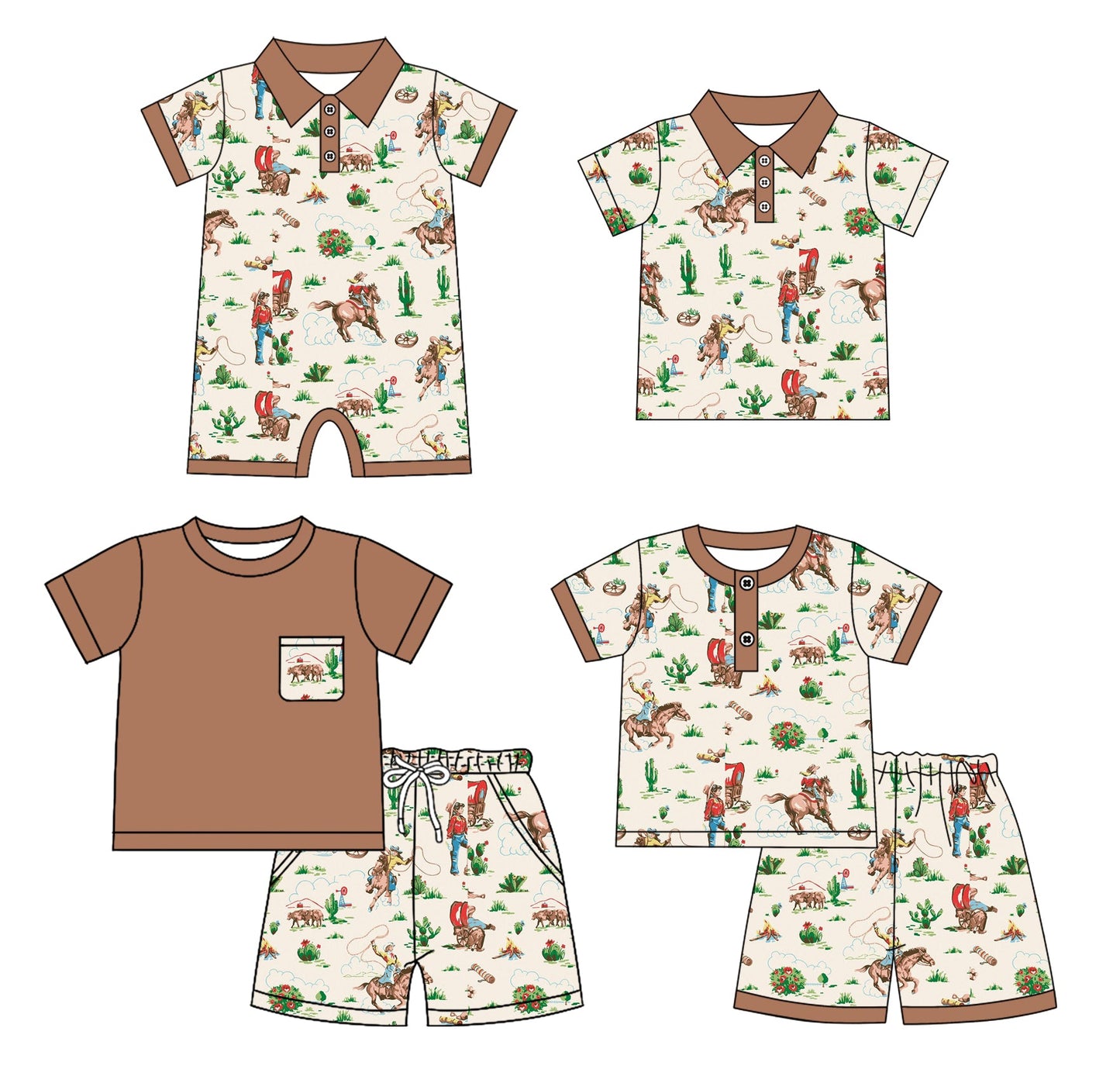 ( Moq 5 Each Style ) Baby Boy Short Sleeves Rodeo Western Sibling Brown Romper Shirt Set 4.21