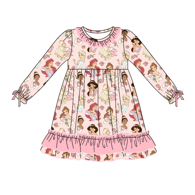 Baby Girl Long Sleeves Princess Flower Pink Ruffle Knee Length Dress Moq 5