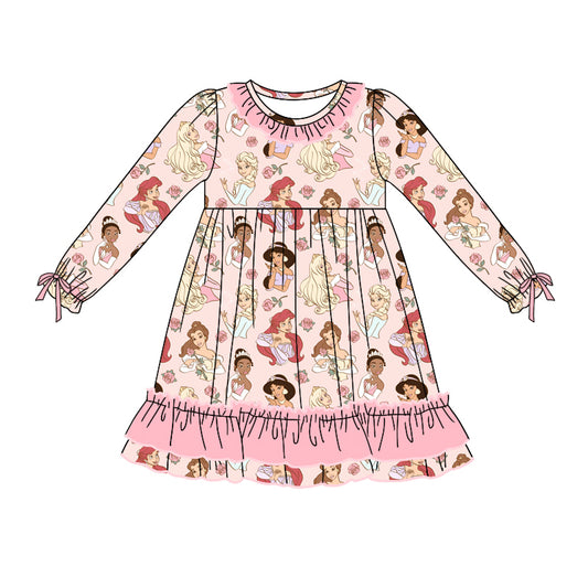 Baby Girl Long Sleeves Princess Flower Pink Ruffle Knee Length Dress Moq 5