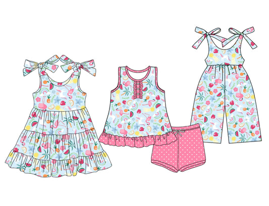 Baby Girl Bows Straps Fruits Sibling Jumpsuit Dress Set ( Moq 5 Each Style ) 3.14