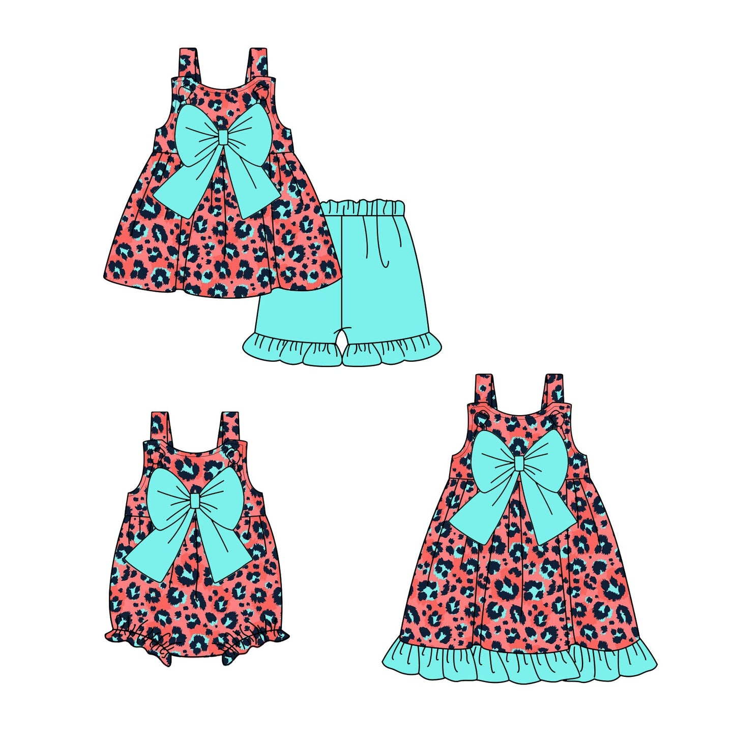 Baby Girl Straps Leopard Blue Bows Sibling Romper Dress Set ( Moq 5 Each Style ) 1.25