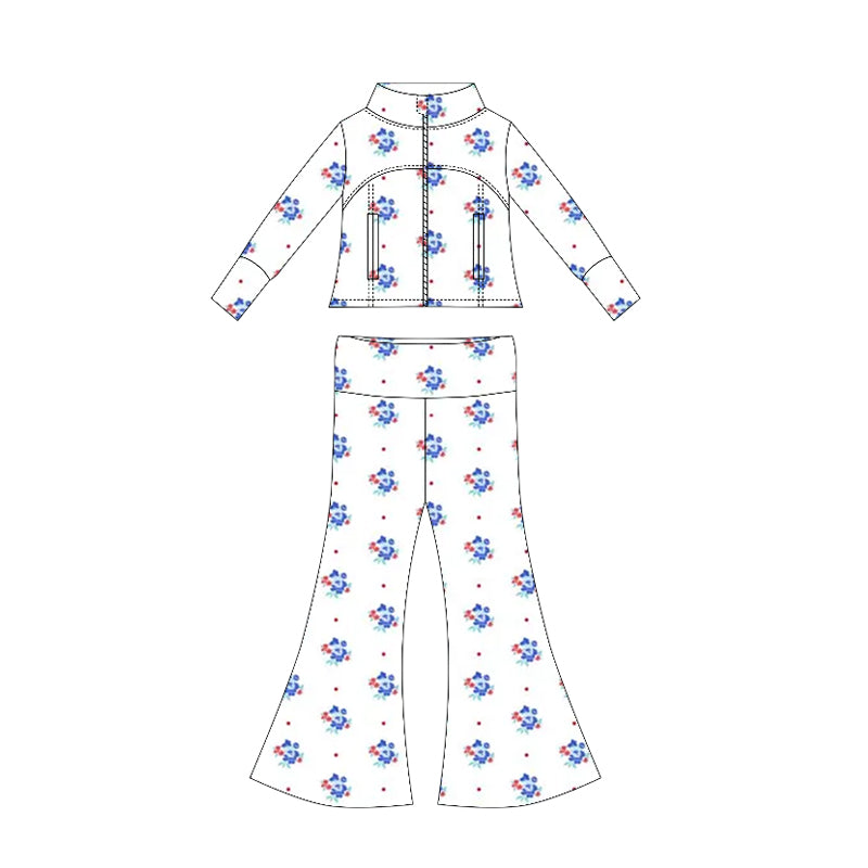 ( Moq 10 ) Baby Girl Long Sleeves Flower Dots Pockets Zipper Tops Bell Bottom Pants Set