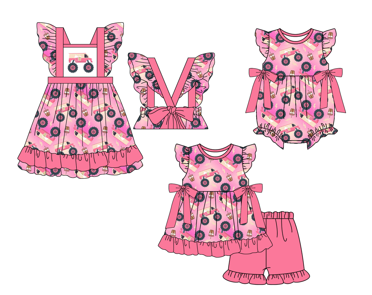 Baby Girl Trucks Sibling Summer Romper Dress Clothes Set ( Moq 5 Each Design ) 11.27