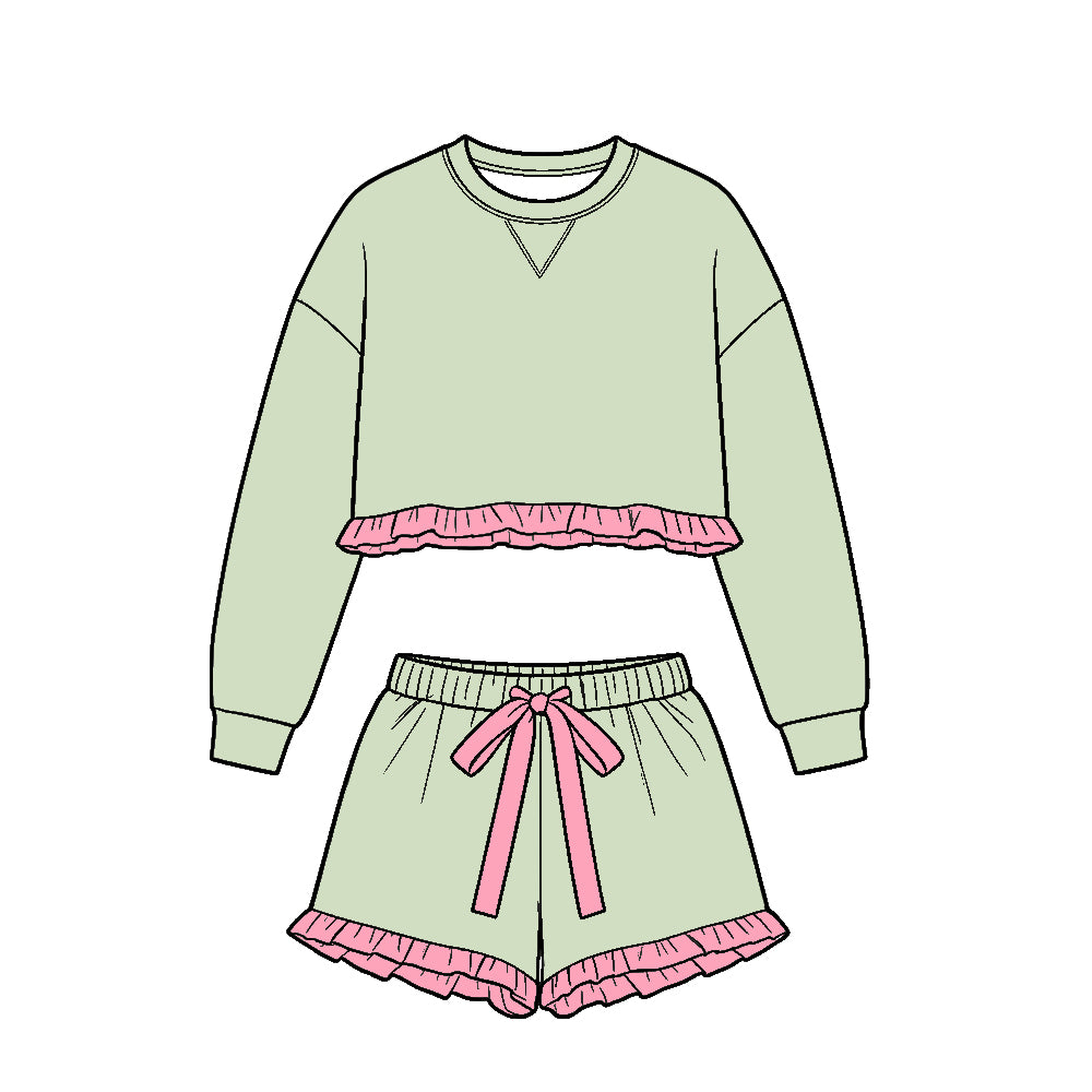 ( Moq 5 ) Baby Girls Kids Long Sleeves Ruffle Shirt Shorts Set Cotton Clothes