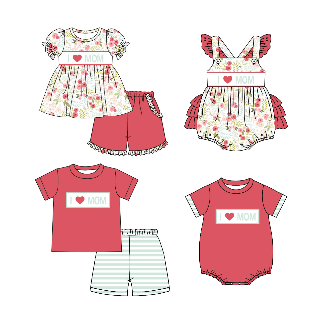 Baby Boy Girl I Love Mom Flower Sibling Romper Set ( Moq 5 Each Style ) 3.8