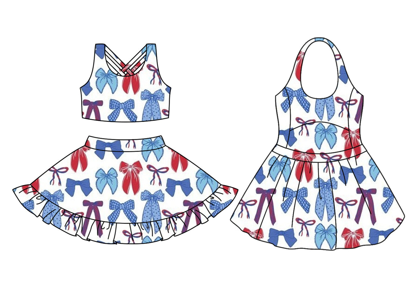 ( Moq 5 Each Style ) Baby Girl Sleeveless Blue Red Bows Sibling Skort Dress Set 3.22