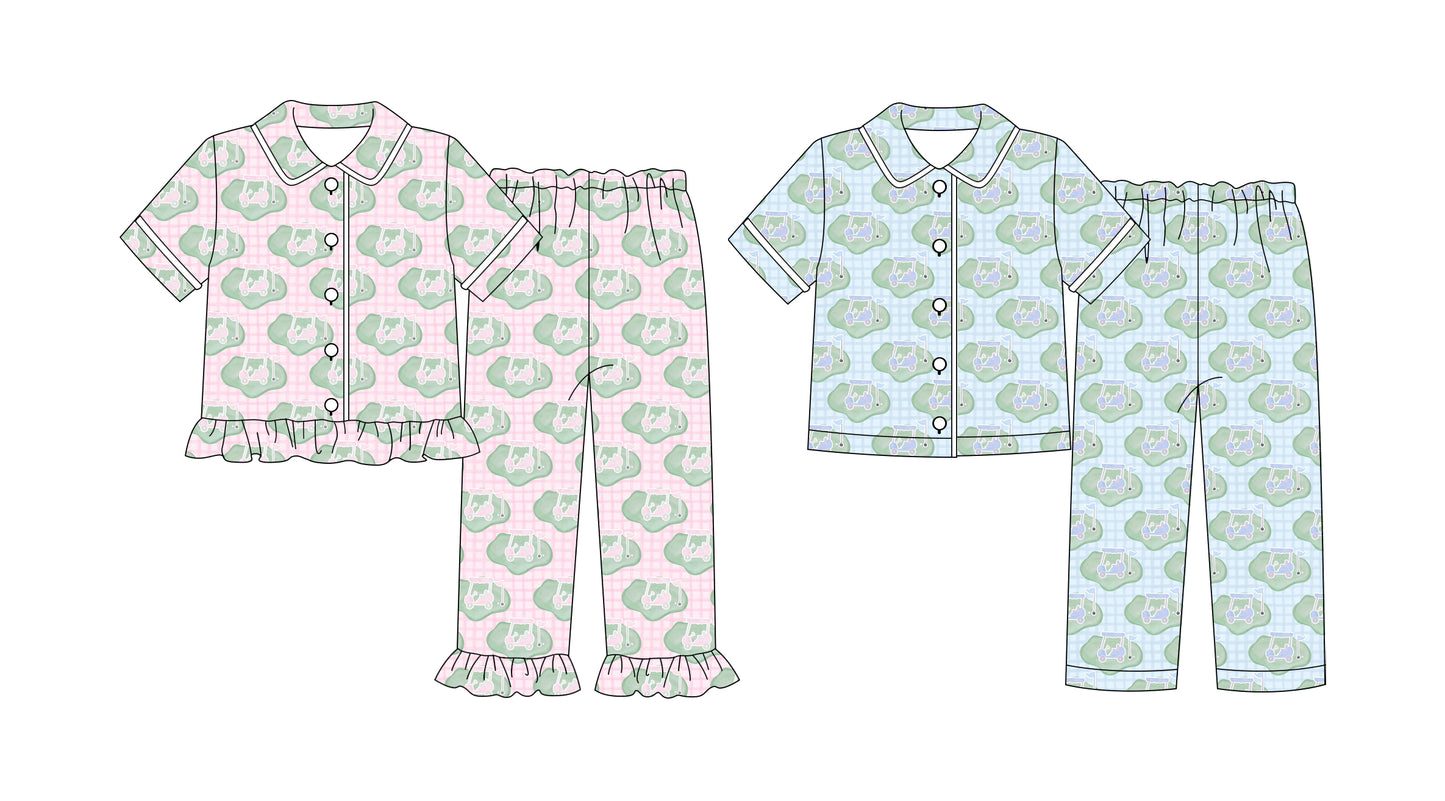 ( Moq 5 Each Style ) Boys Girls Toddler Short Sleeves Golf Plaid Sibling Buttons Pajamas Set