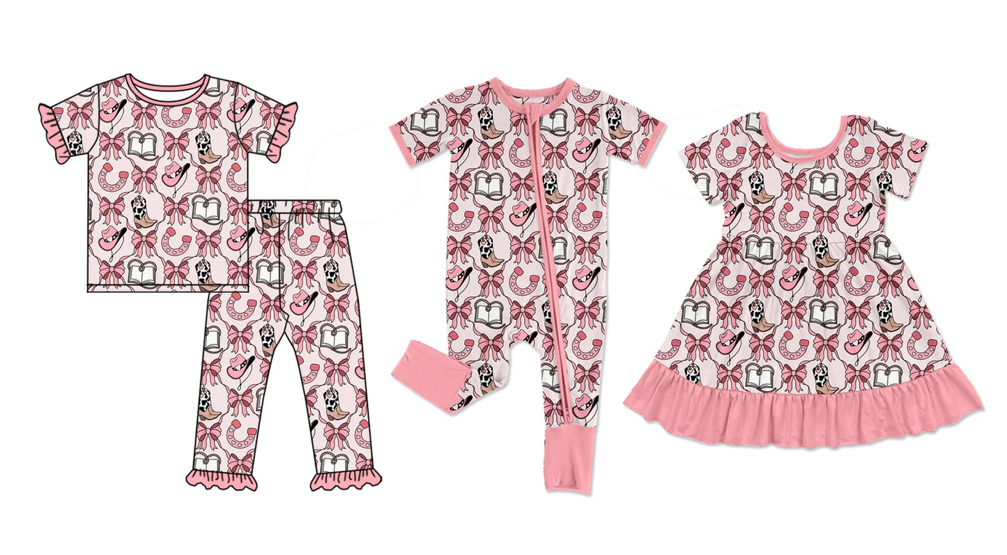 ( Moq 5 Each Style ) Baby Girl Toddler Bows Boots Sibling Western Romper Dress Set