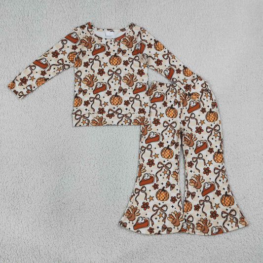 Baby Girl Kids Long Sleeves Pumpkins turkey Bows Shirt Bell Pants Fall Set Clothes RTS