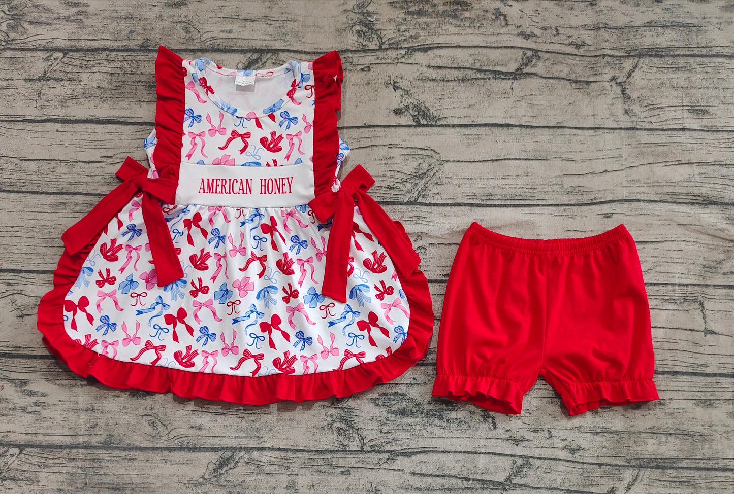 Baby Girl Sleeveless Bows Ruffle Tunic Red Shorts 4th Of July Set RTS