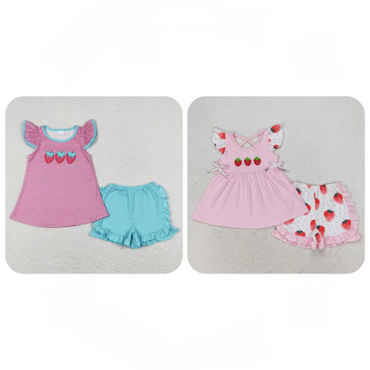 Baby Girl Short Sleeves Embroidery Strawberry Tunic Ruffle Shorts Set Sibling Clothes RTS