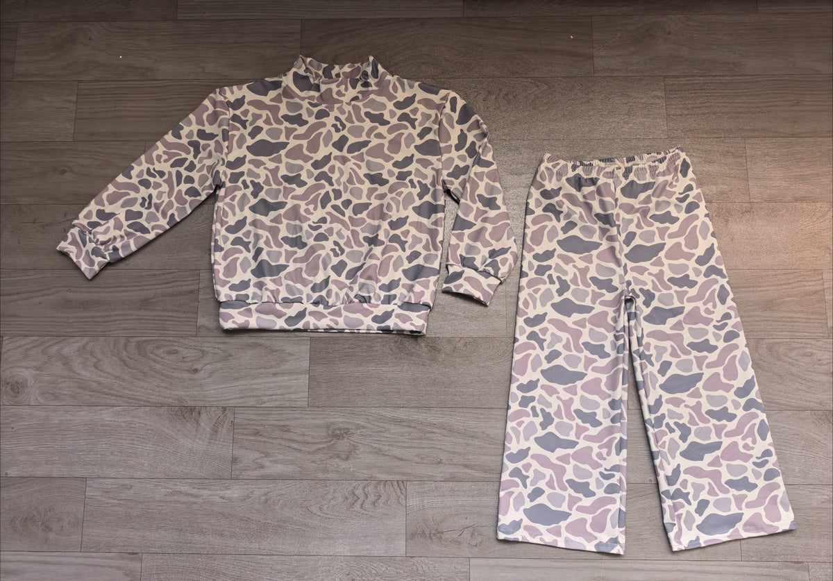 ( No moq ) Preorder Baby Girls Kids Long Sleeves Grey Camo Shirt Pants Yoga Active Set Clothes