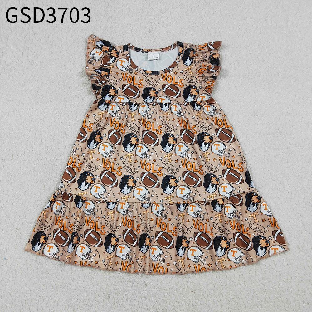 Baby Girls Kids Short Sleeves Dogs Football Team Ruffle Knee Length Dress RTS