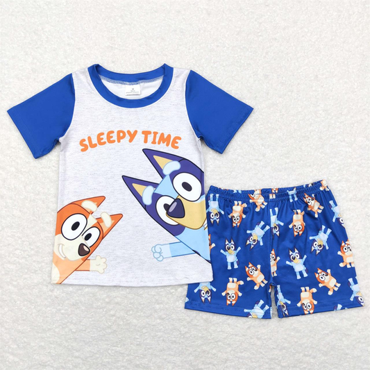 BSSO0421 Baby Boy Short Sleeves Shirt Dogs Shorts Summer Blue Set