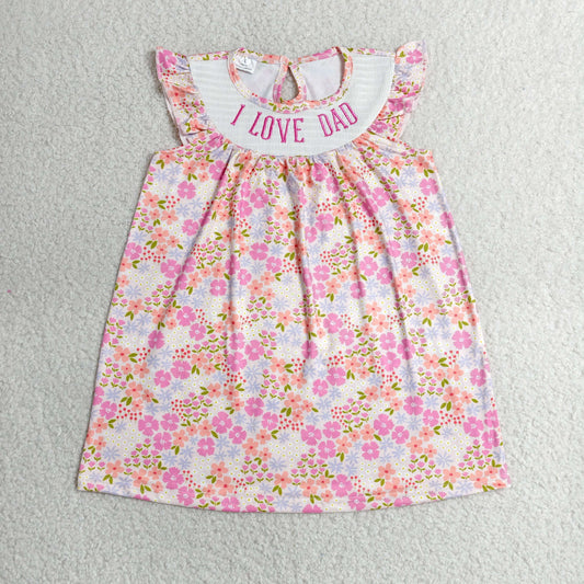 Baby Girls Kids Bows Short Sleeves Embroidery I Love Dad Flower Smocked Dress RTS
