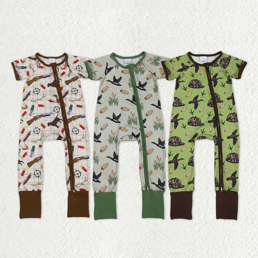 Sibling Baby Boys Kids Short Sleeves Ducks Hats Camo Hunting Two-way Zipper Romper