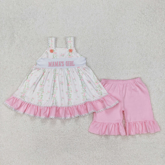 Baby Kids Straps Embroidery Mama's Girl Flower Tunic Pink Ruffle Shorts Clothes Set RTS