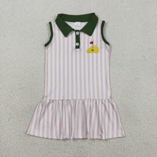 Baby Girls Sleeveless Pink Stripes Embroidery Golf Knee Length Buttons Dress RTS