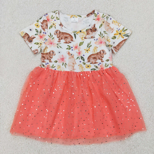 Baby Girl Short Sleeves Easter Rabbits Chicken Flower Knee Length Tulle Dress RTS