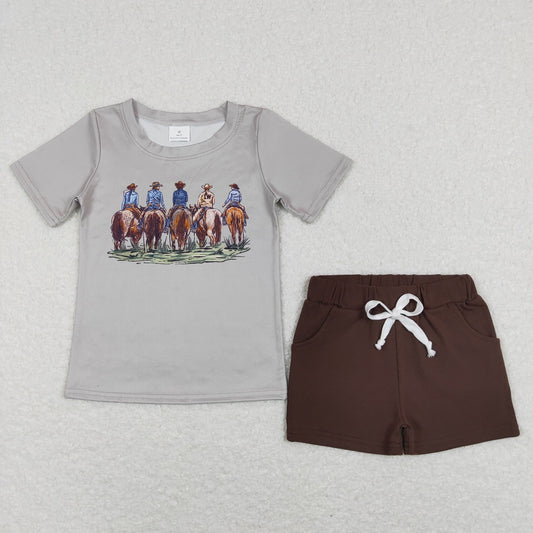 BSSO0500 Baby Boy Short Sleeves Rodeo Shirt Pocket Brown Shorts Summer Western Set