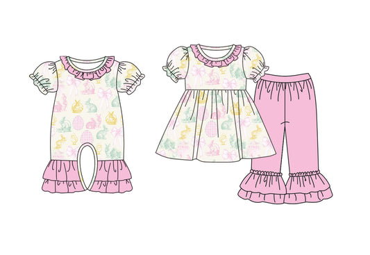 ( Moq 5 Each Style ) Girls Kids Short Sleeves Rabbits Eggs Bows Easter Sibling Romper Set