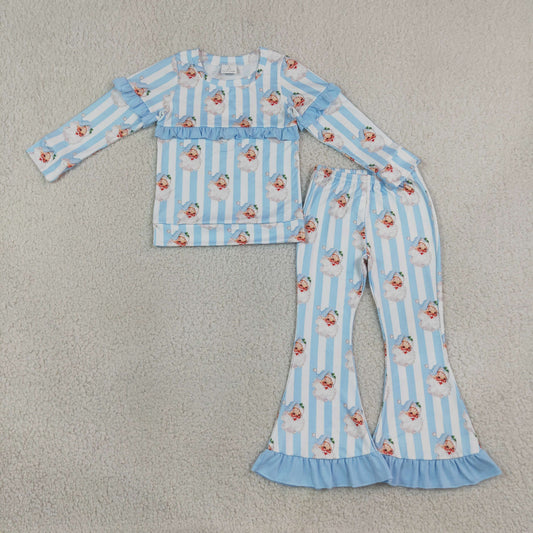 Baby Girls Kids Long Sleeves Christmas Santa Blue Ruffle Shirt Bell Pants Set Clothes RTS
