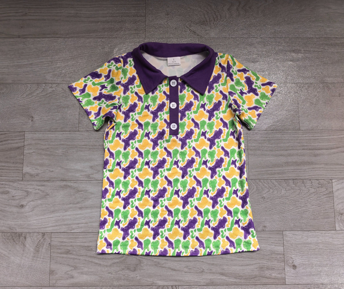 ( No moq ) Preorder Baby Boys Kids Short Sleeves Buttons Camo Shirt Tops Mardi Gras Clothes
