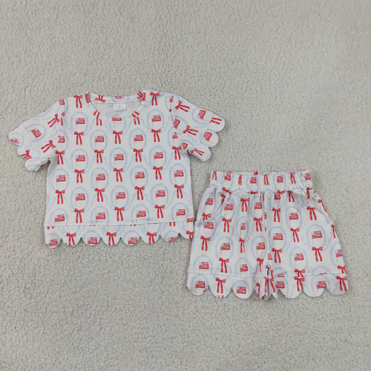 Baby Girls Toddler Bows Flags Shirt Scallop Shorts 4th of July Set Clothes RTS