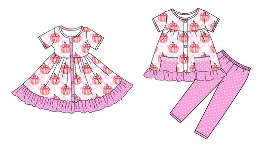 ( Moq 5 Each Style ) Baby Girl Toddler Short Sleeves Pumpkin Bows Sibling Pink Fall Dress Set 4.26