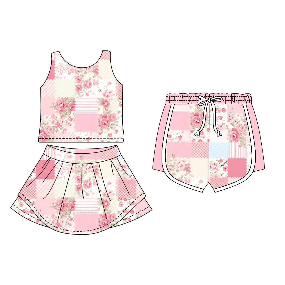 ( Moq 5 Each Style ) Sibling Baby Girls Sleeveless Flower Tops Shorts Skirt Set