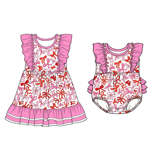 ( Moq 5 Each Style ) Sibling Baby Girls Kids Short Sleeves Bows Pink Ruffle Romper Dress