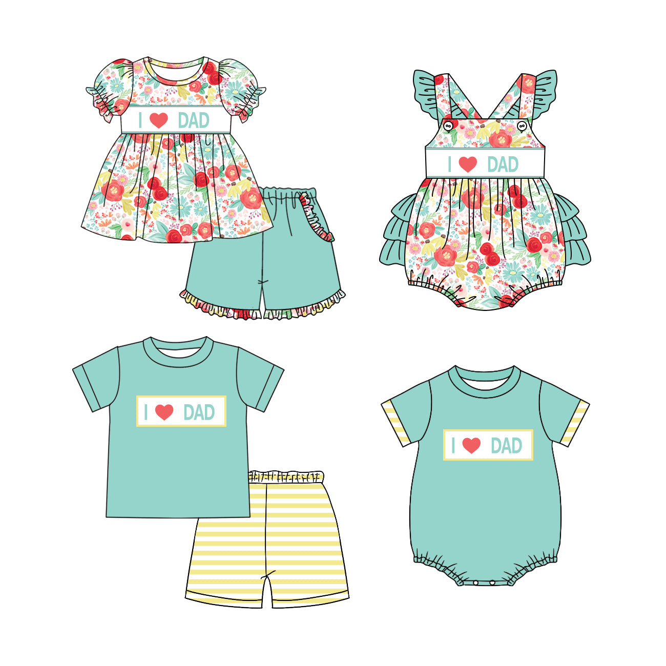 Baby Boy Girl I Love Dad Flower Sibling Romper Set ( Moq 5 Each Style ) 3.8