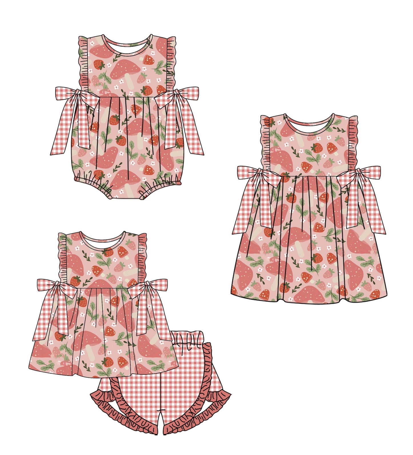 Baby Girl Mushrooms Checked Bows Sibling Romper Dress Set ( Moq 5 Each Style ) 1.9