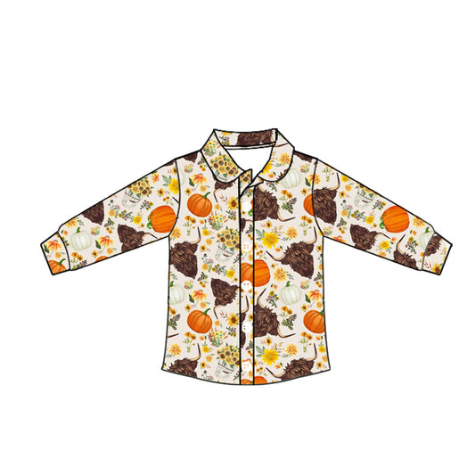 ( Moq 5 ) Baby Boy Long Sleeves Cows Pumpkin Button Shirt Tops