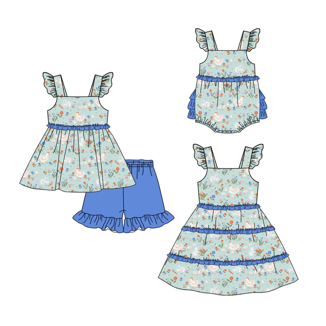 ( Moq 5 Each Style ) Baby Girls Kids Chicken Floral Blue Ruffle Sibling Romper Dress Set