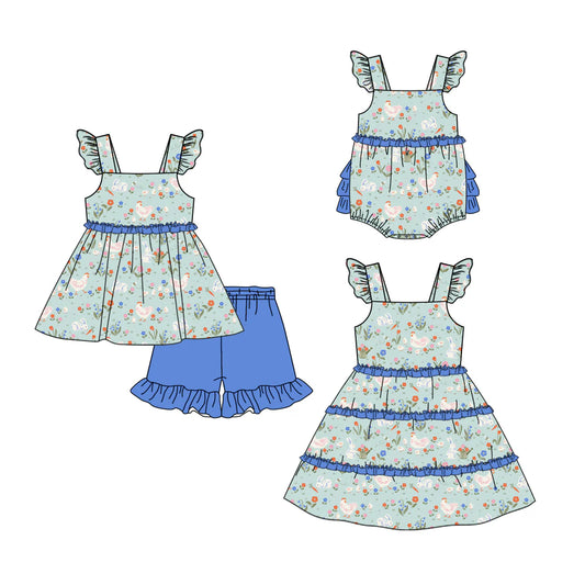 ( Moq 5 Each Style ) Baby Girls Kids Chicken Floral Blue Ruffle Sibling Romper Dress Set