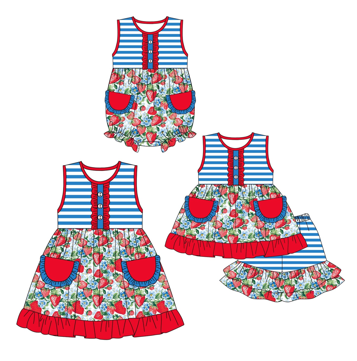 Baby Girl July 4th Strawberry Flower Pockets Sibling Romper Dress Set ( Moq 5 Each Design ) 12.14
