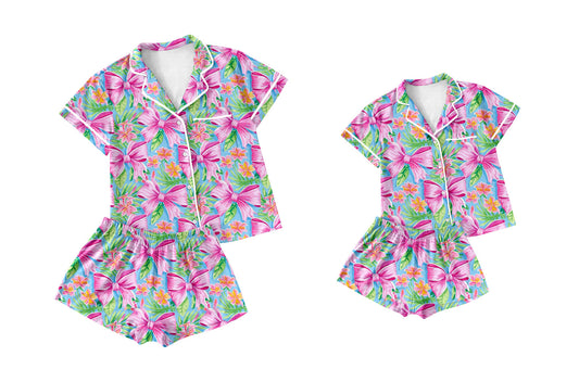 Baby Girl Toddler Adult Women Short Sleeves Bows Flower Shorts Sibling Family Shorts Pajamas Set ( Moq 5 Each Style ) 12.18