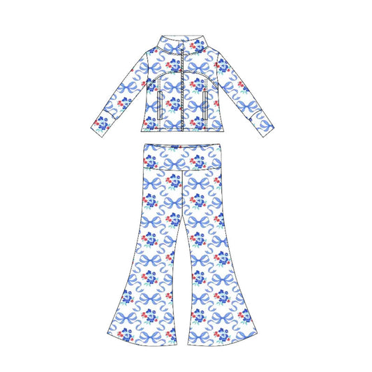 ( Moq 10 ) Baby Girl Long Sleeves Blue Flower Bows Pockets Zipper Tops Bell Bottom Pants Set